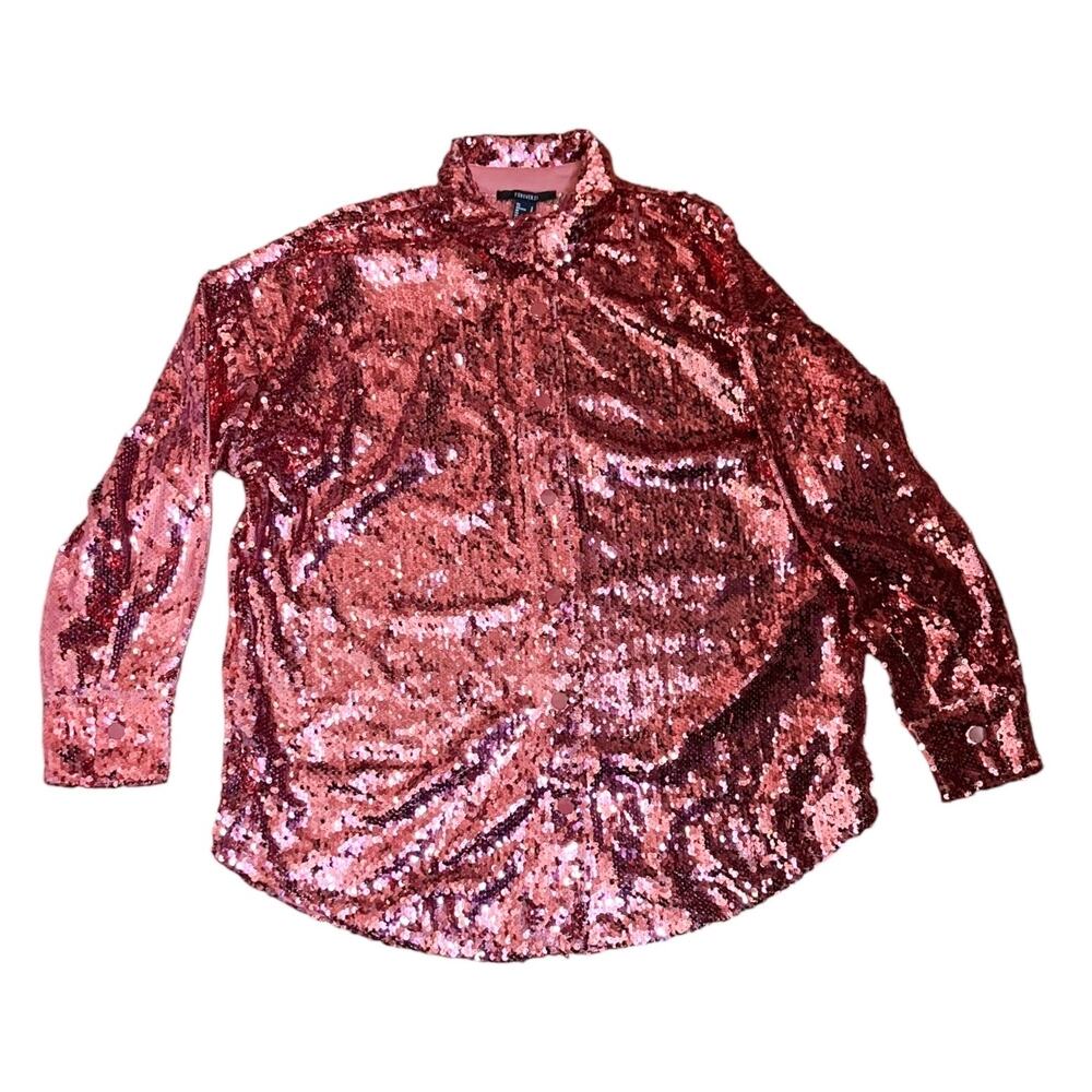 FOREVER 21 Sequins Pant Set Button Down Shirt Wide Leg Small Pink Glam Party NWT